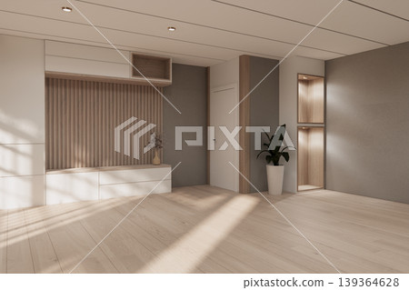 Gray color shelf on Built-in mock up smath board wall minimalist in wooden floor and decoration, room japandi modern style.3D rendering Gray color shelf on Built-in mock up smath board wall minimalist in wooden floor and decoration, room japandi modern style.3D rendering 139364628