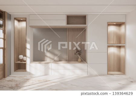Gray color shelf on Built-in mock up smath board wall minimalist in wooden floor and decoration, room japandi modern style.3D rendering Gray color shelf on Built-in mock up smath board wall minimalist in wooden floor and decoration, room japandi modern style.3D rendering 139364629