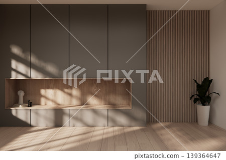 Gray color shelf on Built-in mock up smath board wall minimalist in wooden floor and decoration, room japandi modern style.3D rendering Gray color shelf on Built-in mock up smath board wall minimalist in wooden floor and decoration, room japandi modern style.3D rendering 139364647
