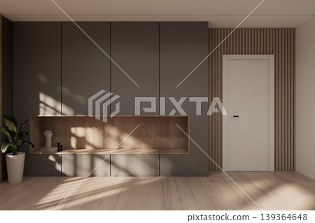 Gray color shelf on Built-in mock up smath board wall minimalist in wooden floor and decoration, room japandi modern style.3D rendering Gray color shelf on Built-in mock up smath board wall minimalist in wooden floor and decoration, room japandi modern style.3D rendering 139364648
