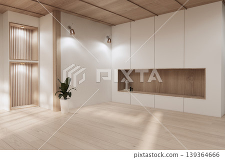 shelf wall Built-in mock up minimalist, room japandi modern style,Empty white wall on wooden floor and decoration.3D rendering 139364666