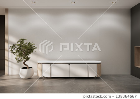 Cabinet for smath Tv on shelf Built-in wall minimalist,Empty white wall on granite tiles room modern style.3D rendering 139364667