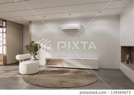 Living room minisofa and armchair, shelf on Built-in mock up smath board wall minimalist,Empty white wall on wooden floor, room japandi modern style.3D rendering Living room minisofa and armchair, shelf on Built-in mock up smath board wall minimalist,Empty white wall on wooden floor, room japandi modern style.3D rendering 139364673