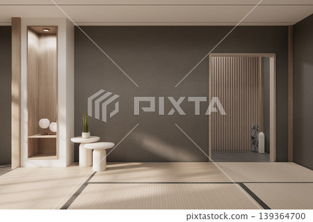 Gray color shelf on Built-in mock up smath board wall minimalist in wooden floor and decoration, room japandi modern style.3D rendering Gray color shelf on Built-in mock up smath board wall minimalist in wooden floor and decoration, room japandi modern style.3D rendering 139364700
