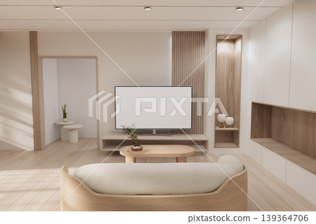 Mock up Cabinet for smath Tv on living room Built-in wall minimalist,Empty shelf wall on wooden floor .3D rendering 139364706