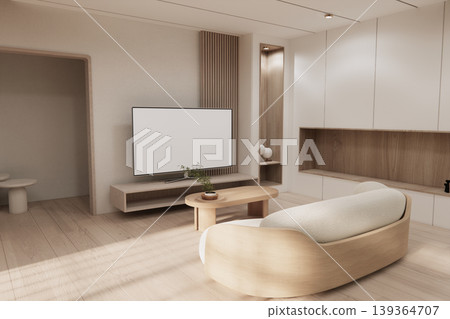 Mock up Cabinet for smath Tv on living room Built-in wall minimalist,Empty shelf wall on wooden floor .3D rendering 139364707