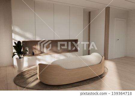 Living room minisofa and armchair, shelf on Built-in mock up smath board wall minimalist,Empty white wall on wooden floor, room japandi modern style.3D rendering 139364718