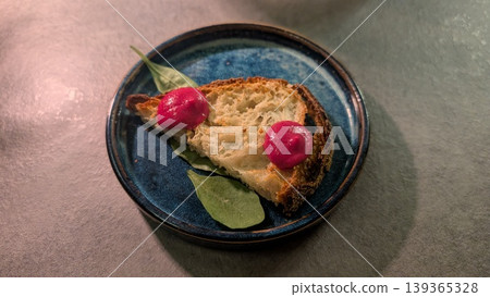 Sweet ricotta cheese and beetroot sauce on the toast 139365328