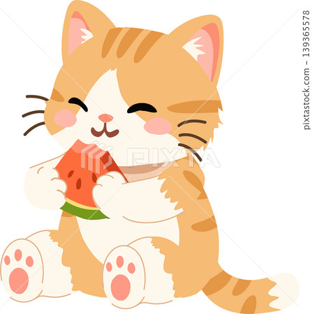 Orange cartoon kitten eating a watermelon slice during warm summer days for children art sticker. Orange cartoon kitten eating a watermelon slice during warm summer days for children art sticker. 139365578