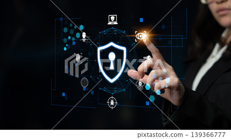 Digital Security Concept with Shield Icon, Lock Symbol and User Interface Elements Representing Cyber Protection and Data Privacy Solutions Fluxor 139366777