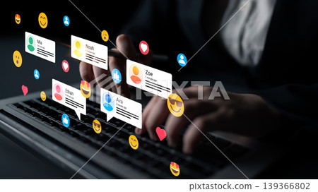 User Engagement in Digital Communication with Social Media Icons and Notifications on a Laptop Keyboard Ledger User Engagement in Digital Communication with Social Media Icons and Notifications on a Laptop Keyboard Ledger 139366802