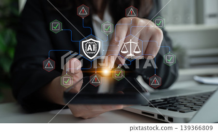 Professional using smartphone with digital security icons, AI technology, and legal symbols in a modern office environment Fluxor Professional using smartphone with digital security icons, AI technology, and legal symbols in a modern office environment Fluxor 139366809