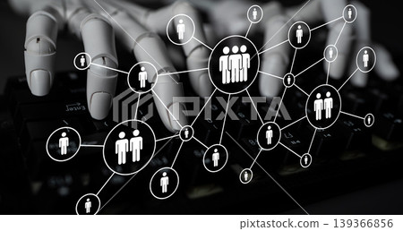 Futuristic Concept of Digital Interaction and Human Connection Featuring Robotic Hands Typing on Keyboard with Network Visuals Ledger Futuristic Concept of Digital Interaction and Human Connection Featuring Robotic Hands Typing on Keyboard with Network Visuals Ledger 139366856