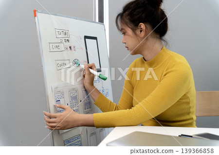 Asian adult woman designer creating mobile app UI UX concepts on whiteboard brainstorming digital product visuals user flow strategy in modern creative studio 139366858