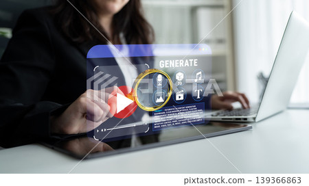 Business professional using futuristic technology to generate multimedia content with virtual interface and digital tools on a laptop computer Quark Business professional using futuristic technology to generate multimedia content with virtual interface and digital tools on a laptop computer Quark 139366863