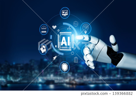 Futuristic robotic hand interacting with digital icons representing artificial intelligence technologies in a cityscape at night Quark Futuristic robotic hand interacting with digital icons representing artificial intelligence technologies in a cityscape at night Quark 139366882