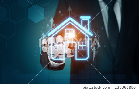 A businessman showcases a virtual house icon, symbolizing innovation and growth in real estate, highlighting digital transformation in the property market. Sigmoid A businessman showcases a virtual house icon, symbolizing innovation and growth in real estate, highlighting digital transformation in the property market. Sigmoid 139366896