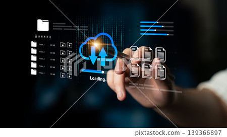 Hand Interacting With Digital Cloud Technology Interface for Data Upload and Download with Loading Indicator and File Management Elements Ledger 139366897