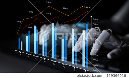 Data analysis and business growth concept with bar graphs, line charts, and hands typing on a keyboard in a dark environment for modern finance presentations Scalp Data analysis and business growth concept with bar graphs, line charts, and hands typing on a keyboard in a dark environment for modern finance presentations Scalp 139366916