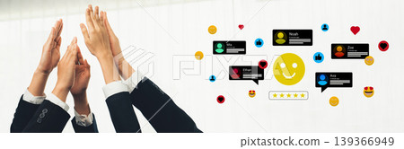 Hands Together Celebrating Success with Smiley Face and Positive Feedback Bubbles in a Bright Office Environment Ledger 139366949