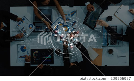 Collaborative Business Meeting with Technology and Data Analysis in an Office Setting Featuring Charts, Graphs, and Digital Icons Representing Innovation. Raster Collaborative Business Meeting with Technology and Data Analysis in an Office Setting Featuring Charts, Graphs, and Digital Icons Representing Innovation. Raster 139366957