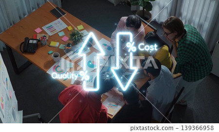 Team Collaboration on Business Strategy with Abstract Graphics Representing Quality Improvement and Cost Reduction in a Bright Office Setting. Raster Team Collaboration on Business Strategy with Abstract Graphics Representing Quality Improvement and Cost Reduction in a Bright Office Setting. Raster 139366958