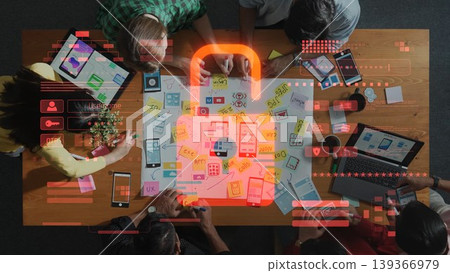 Collaborative Team Brainstorming Session with Digital Security Overlay in a Modern Office Environment. Raster Collaborative Team Brainstorming Session with Digital Security Overlay in a Modern Office Environment. Raster 139366979