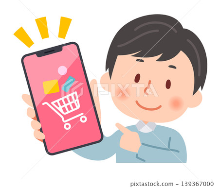 A man shows a shopping screen on his smartphone. A man shows a shopping screen on his smartphone. 139367000