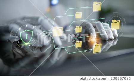 Futuristic Technology Concept for Data Security with Digital Folder Icons and Cyber Protection Symbols over Human Hands Illustration in Modern Workspace Fluxor Futuristic Technology Concept for Data Security with Digital Folder Icons and Cyber Protection Symbols over Human Hands Illustration in Modern Workspace Fluxor 139367085