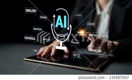 Person Using AI Language Translation Technology on a Tablet with Various Language Options Displayed in a Modern Business Setting Quark 139367087