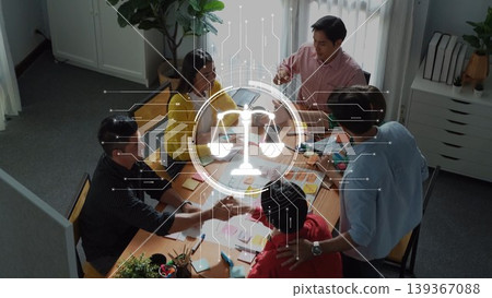 Group of diverse professionals collaborating on project while discussing innovative ideas, digital scales symbol overlay in modern workspace setting. Raster Group of diverse professionals collaborating on project while discussing innovative ideas, digital scales symbol overlay in modern workspace setting. Raster 139367088