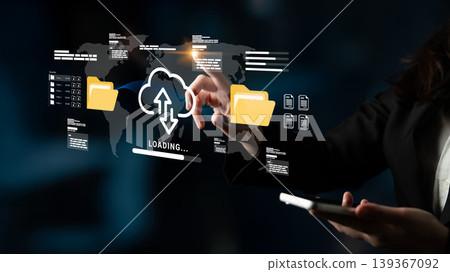 User Engaging with Digital Cloud Technology and Data Upload Concept with Global Connectivity and Interactive Virtual Interface Ledger User Engaging with Digital Cloud Technology and Data Upload Concept with Global Connectivity and Interactive Virtual Interface Ledger 139367092