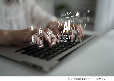 Hands Typing on Laptop with AI and Technology Icons Representing Digital Innovation, Data Processing, and Automation in Modern Workspace Quark Hands Typing on Laptop with AI and Technology Icons Representing Digital Innovation, Data Processing, and Automation in Modern Workspace Quark 139367098