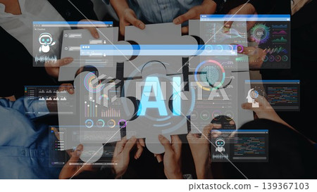 A dynamic composition showing hands holding puzzle pieces with various AI and digital graphics on screens, symbolizing teamwork and innovative technology in a modern workspace. Sigmoid A dynamic composition showing hands holding puzzle pieces with various AI and digital graphics on screens, symbolizing teamwork and innovative technology in a modern workspace. Sigmoid 139367103