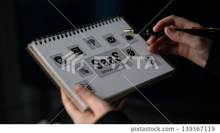 Hands Holding Notebook with SaaS Concept Illustrations, Software as a Service Graphics, Digital Tools and Applications Design on Pages Ledger Hands Holding Notebook with SaaS Concept Illustrations, Software as a Service Graphics, Digital Tools and Applications Design on Pages Ledger 139367119
