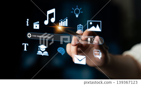 Hand Interacting with Digital Interface Featuring Various Icons Representing Communication, Education, Technology, and Information Services Quark Hand Interacting with Digital Interface Featuring Various Icons Representing Communication, Education, Technology, and Information Services Quark 139367123