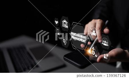 A professional setting showcasing hands engaged in procurement management with digital icons and tools, highlighting the synergy between technology and business strategy. Sigmoid 139367126