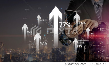 A business professional views financial growth on a smartphone while surrounded by urban city lights and graphs, symbolizing progress, success, and trends in the night landscape. Sigmoid A business professional views financial growth on a smartphone while surrounded by urban city lights and graphs, symbolizing progress, success, and trends in the night landscape. Sigmoid 139367145