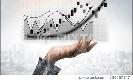 Hand Holding Financial Chart Showing Positive Trend Over Cityscape Background with Abstract Financial Data Representation Copula 139367147