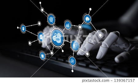 Modern Business Technology Concept with Robotic Hand Typing on Keyboard, KPI Graphics and Data Visualization on Dark Background. Tessel 139367157