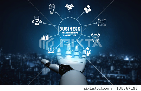 Futuristic Robot Hand Reaching Out to Illustrate Business Relationships and Connections with Icons Representing Collaboration and Success in the Digital Age Quark 139367185
