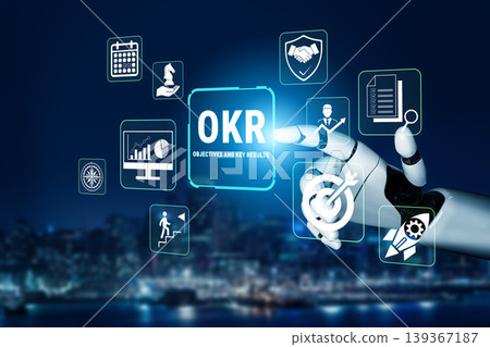 Futuristic Robot Hand Interacting with OKR Conceptual Icons in Digital Workspace, Modern Technology at Night City Background Fluxor 139367187