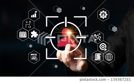 Digital Touchscreen Interaction with Targeted User Profile, Analytics Icons, and Business Growth Graphics Against Dark Background Gantry Digital Touchscreen Interaction with Targeted User Profile, Analytics Icons, and Business Growth Graphics Against Dark Background Gantry 139367281