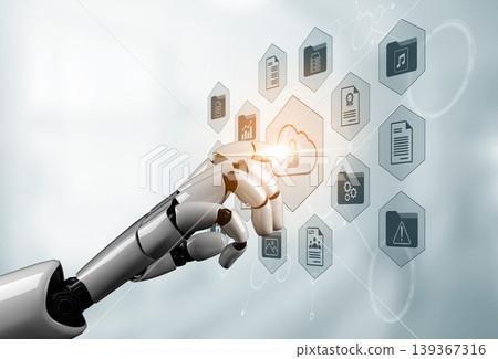 Futuristic robotic hand interacting with cloud technology symbols, representing digital security, data management, and automation concepts in modern business settings Gantry 139367316