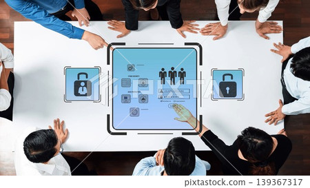 Business Team Collaboration on Cybersecurity Strategies with Digital Interface Display Showing Data Protection and Access Control Concepts Gluon Business Team Collaboration on Cybersecurity Strategies with Digital Interface Display Showing Data Protection and Access Control Concepts Gluon 139367317
