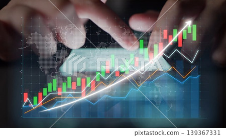 Financial Growth Chart Representation with Hands Pointing at Data Trends, Analytics Graph with Colorful Bars and Lines on a Digital Screen Copula Financial Growth Chart Representation with Hands Pointing at Data Trends, Analytics Graph with Colorful Bars and Lines on a Digital Screen Copula 139367331