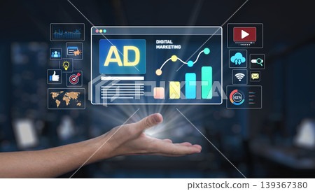 Hand Holding Digital Marketing Interface with Graphs, Ads, and Analytics Overlays for Innovative Business Strategies and Online Growth Solutions Synapse Hand Holding Digital Marketing Interface with Graphs, Ads, and Analytics Overlays for Innovative Business Strategies and Online Growth Solutions Synapse 139367380