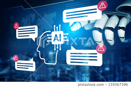 Digital illustration of artificial intelligence concept showcasing robot hand interacting with chat bubbles and alerts in a futuristic blue environment Gantry Digital illustration of artificial intelligence concept showcasing robot hand interacting with chat bubbles and alerts in a futuristic blue environment Gantry 139367396