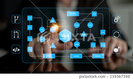Hands of a business professional interacting with digital interface showing data flow and element connections in modern technology and system management concepts Quark 139367398