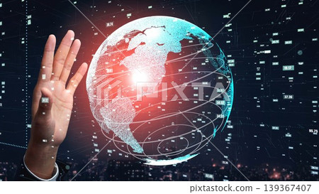 Digital Representation of Earth with Data Visualization Elements, Hand Gesture Indicating Interaction, Global Connectivity Concept in Futuristic Design xenic 139367407